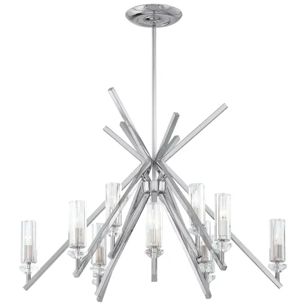 The Fusano chandelier combines transitional sophistication with contemporary flair, featuring 12 candelabra lights and distinctive Eidolon Krystal glass shades. Its polished nickel finish and substantial 39-inch width make it perfect for grand dining rooms and entryways.