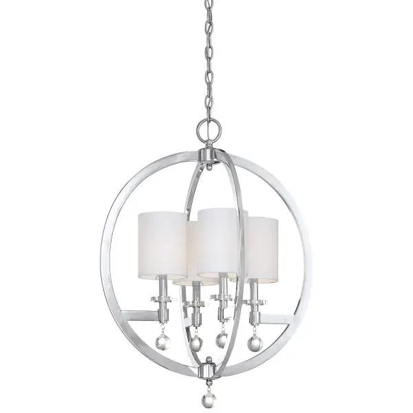 The Chadbourne pendant combines polished nickel hardware with Eidolon Krystal accents and white linen shades for sophisticated versatility. Its 22.5-inch width suits medium spaces while crystal details add upscale appeal.