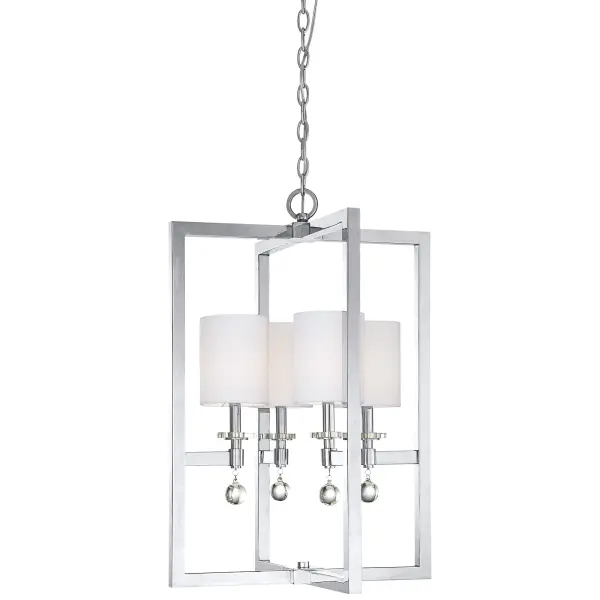 The Chadbourne pendant combines polished nickel hardware with sparkling Eidolon Krystal accents and soft white linen shades, creating a sophisticated fixture that bridges traditional elegance and contemporary style.