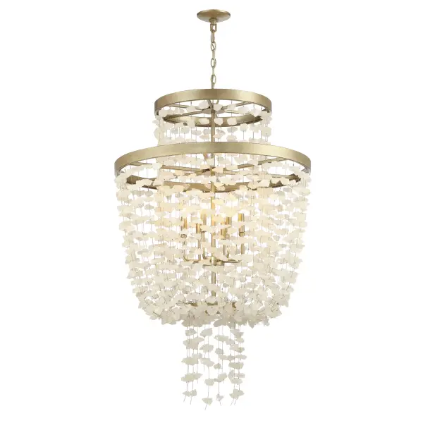 Robin Baron's Stonybrook pendant combines warm Harvest Gold metalwork with natural crystalline quartz for a sophisticated organic modern aesthetic. Eight lights provide ample illumination while the 30-inch width makes a bold statement.