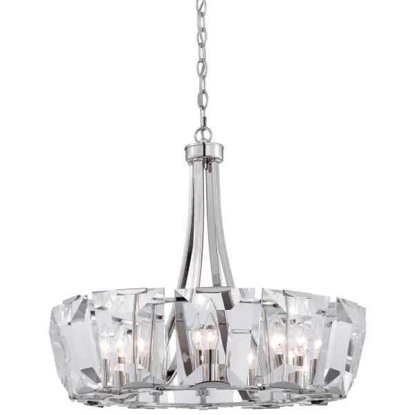 The Castle Aurora chandelier combines timeless crystal elegance with contemporary styling. Twelve candelabra lights refract through clear crystal panels, creating brilliant illumination. Polished nickel finish adds modern sophistication.