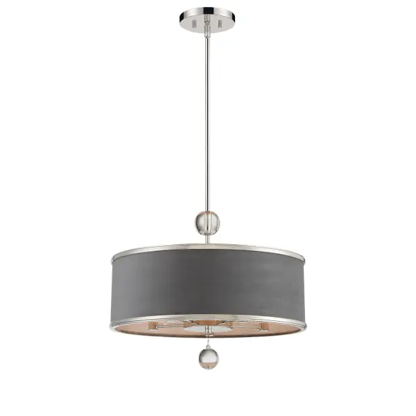 The Luxour combines sophisticated polished nickel with plush steel grey velvet and glass orbs for a refined transitional look. Its convertible design offers flexibility for various ceiling heights and room configurations.
