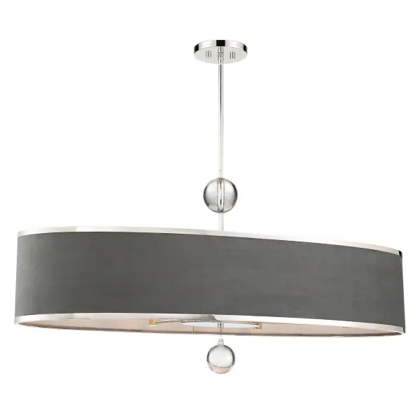 The Luxour 6-Light Island Chandelier combines polished nickel hardware with elegant steel grey velvet shades and decorative glass orbs. Its 44-inch linear design provides excellent task lighting while adding refined style to kitchens and dining spaces.