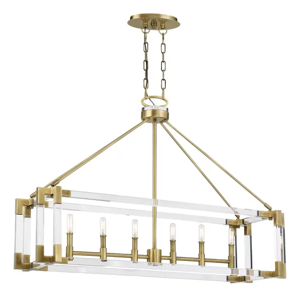 The Prima Vista brings sophisticated glamour to kitchen islands and dining spaces with its 6-light linear design. Aged antique brass finish pairs beautifully with acrylic shades and crystal accents, creating a luxe contemporary look that works across traditional and modern interiors. - alternate view