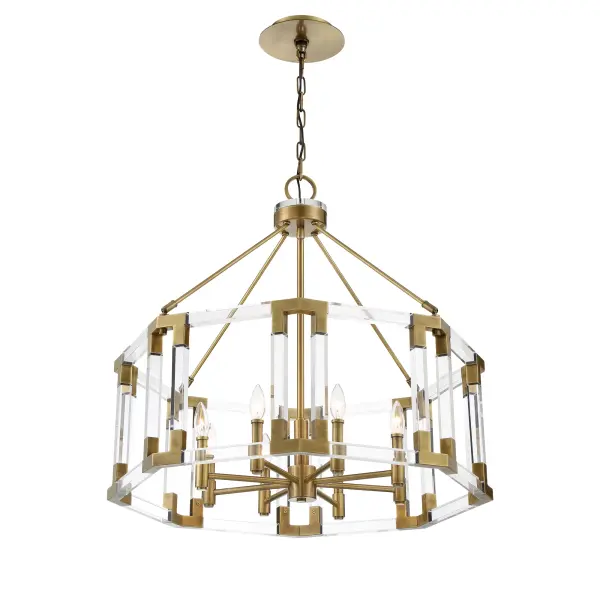 The Prima Vista chandelier combines classic elegance with contemporary sensibility. Its aged antique brass finish and 8-light configuration deliver substantial illumination while the acrylic accents soften the overall aesthetic.