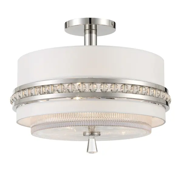 Robin Baron's Sutton fixture combines polished nickel hardware with a white silk fabric shade and clear ribbed glass for refined, diffused illumination. The dual-purpose design works as both semi-flush and pendant.