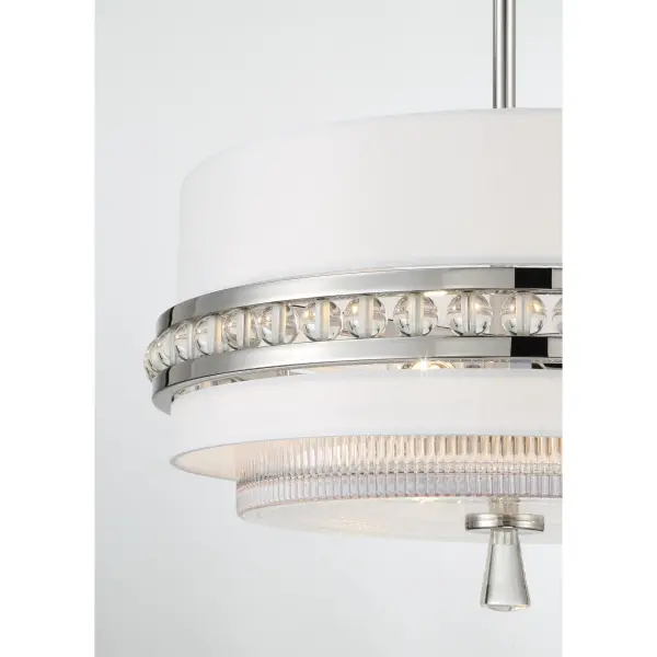 Robin Baron's Sutton fixture combines polished nickel hardware with a white silk fabric shade and clear ribbed glass for refined, diffused illumination. The dual-purpose design works as both semi-flush and pendant. - alternate view