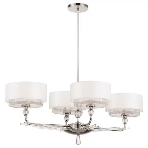 The Sutton collection by Robin Baron brings refined traditional elegance to kitchen islands and dining spaces. Four silk-wrapped shades in polished nickel create a sophisticated linear statement that balances classic design with contemporary proportions.