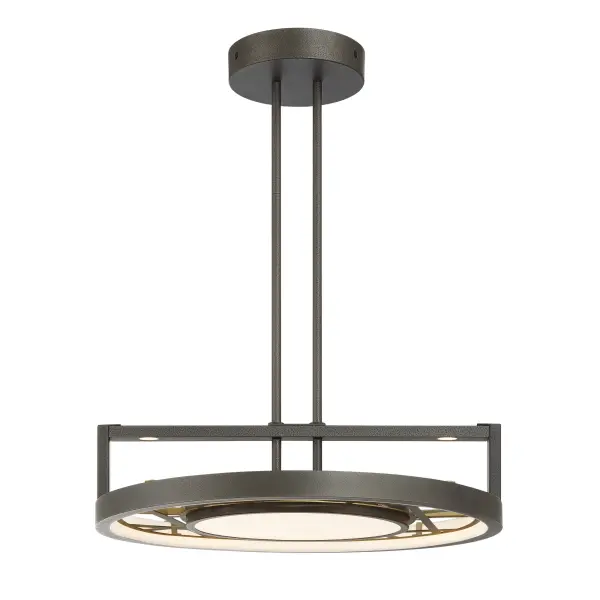 Robin Baron's Tribeca brings industrial elegance with its smoked iron and soft brass finish. The 20-inch diameter provides substantial presence while the 5.5-inch profile works beautifully in spaces with standard ceiling heights.