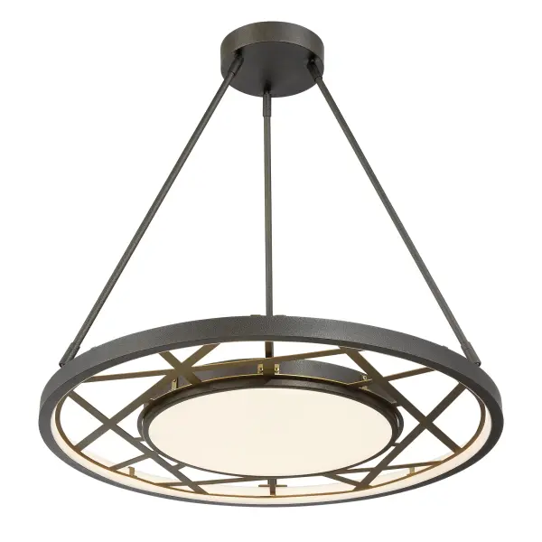 The Tribeca pendant by Robin Baron combines industrial-inspired mixed metals with modern LED technology. Its 28-inch square profile and etched glass diffuser create sophisticated ambient lighting for contemporary interiors.