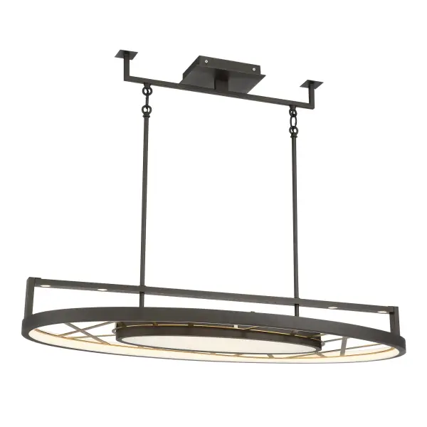 The Tribeca by Robin Baron brings contemporary elegance with its striking 44-inch linear design. Smoked iron and soft brass finishes create visual interest while etched white glass provides warm, diffused LED illumination perfect for kitchen islands.