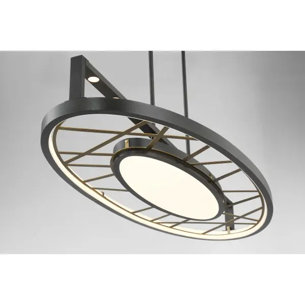 The Tribeca by Robin Baron brings contemporary elegance with its striking 44-inch linear design. Smoked iron and soft brass finishes create visual interest while etched white glass provides warm, diffused LED illumination perfect for kitchen islands. - alternate view