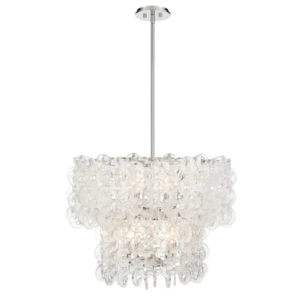 The Taffinoe pendant makes a sophisticated statement with 8 candelabra lights arranged in a 30-inch frame. Its polished nickel finish and clear glass shades create timeless elegance perfect for formal dining rooms and grand entryways.
