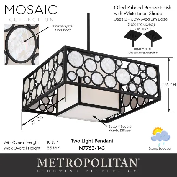 Mosaic 2-Light Pendant with White Cloth Shade - Image 3
