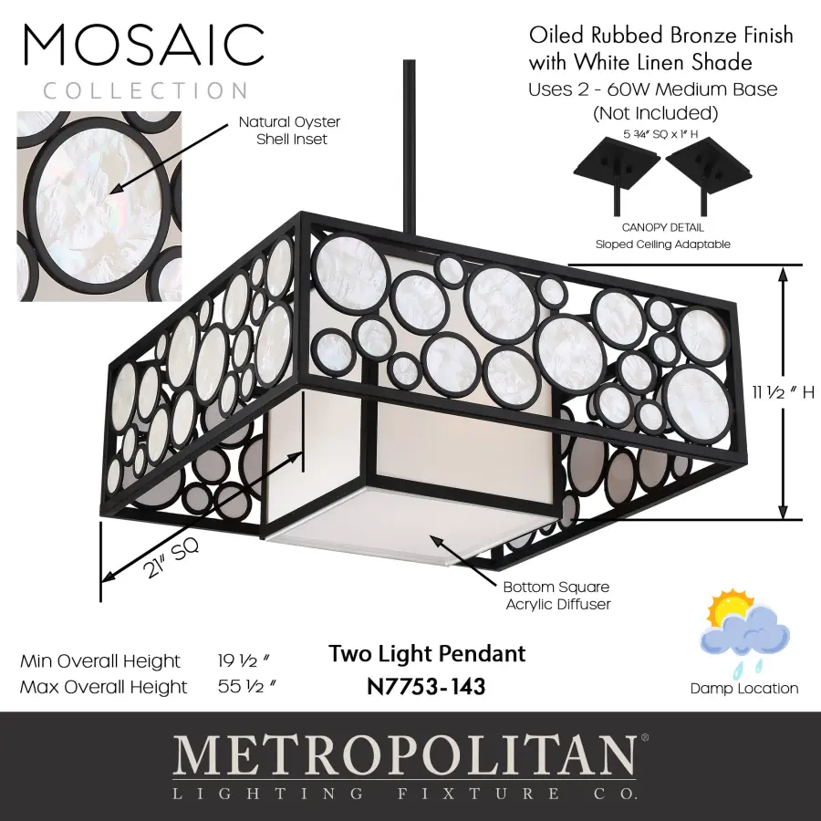 Mosaic 2-Light Pendant with White Cloth Shade - Image 3