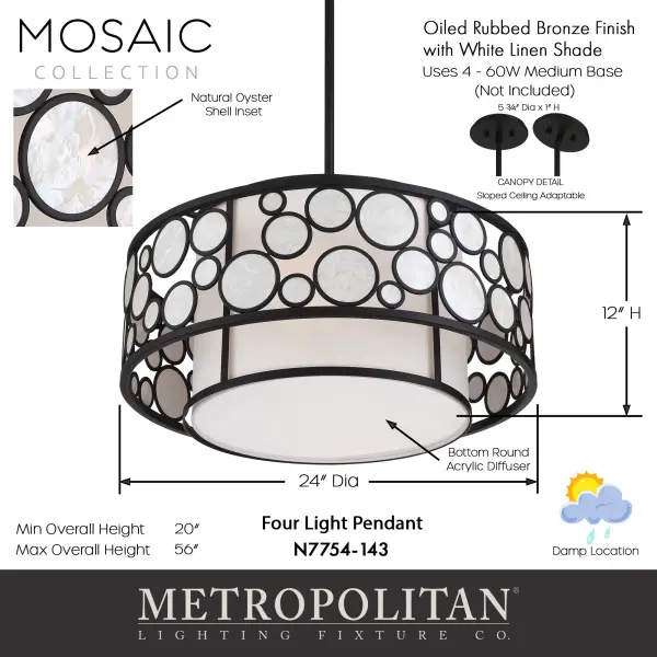 Mosaic 4-Light Pendant with White Cloth Shade - Image 3