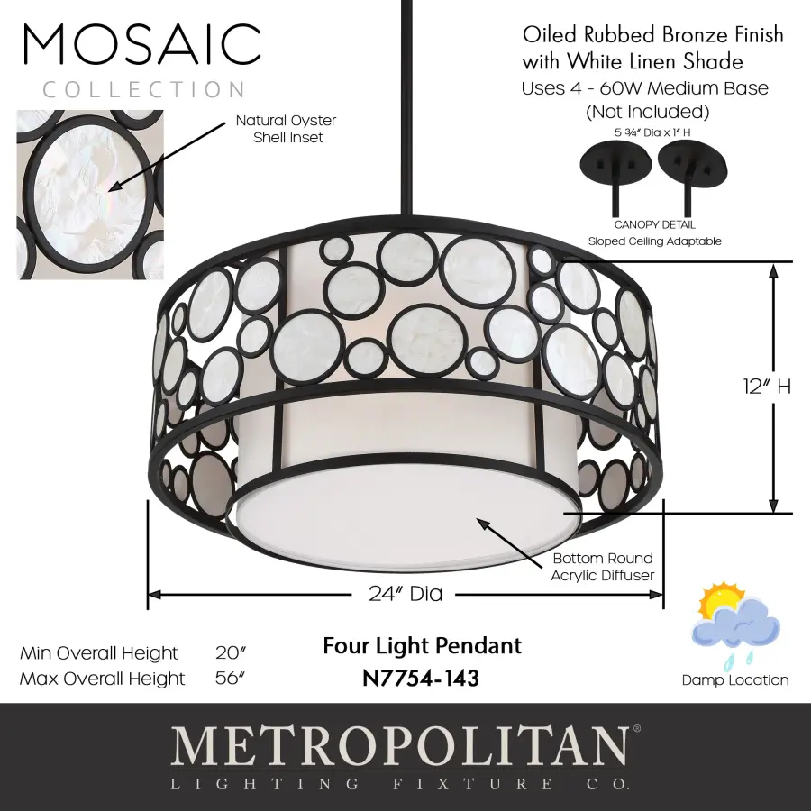 Mosaic 4-Light Pendant with White Cloth Shade - Image 3