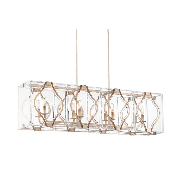 The Brenton Cove brings sophisticated glamour to kitchen islands and dining spaces with its elongated 50-inch profile and warm gold mist finish. Eight candelabra lights provide ample illumination while acrylic accents soften the glow.