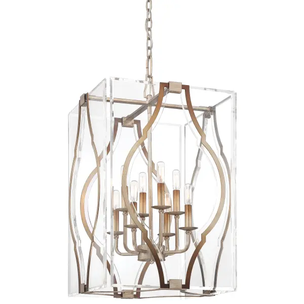 The Brenton Cove pendant combines contemporary design with artisanal gold leaf finishing. Eight candelabra lights provide ample illumination while acrylic elements soften the glow. Perfect for creating a sophisticated focal point.