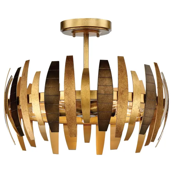 The Manitou semi-flush mount combines transitional elegance with practical functionality. Its 19-inch width and warm Ardor Gold finish make it ideal for smaller spaces needing sophisticated ambient lighting.