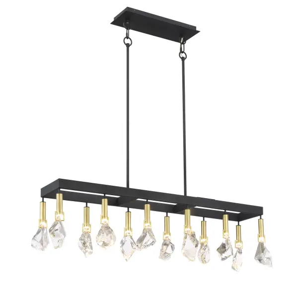 The Rare Elements 12-Light Island Chandelier combines industrial-chic mixed metals with sparkling LED-lit crystals for a sophisticated transitional look. Its 44-inch linear design makes it perfect for kitchen islands and dining tables.