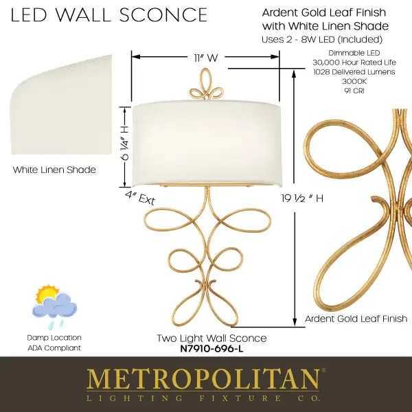 The Gianella wall sconce combines luxurious gold leaf finish with soft white linen shading for sophisticated ambient lighting. Energy-efficient LED technology delivers warm, high-CRI illumination perfect for residential and hospitality settings. - alternate view