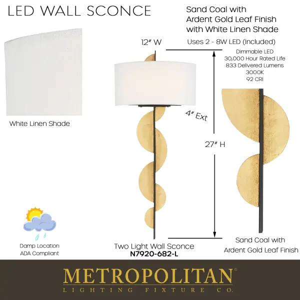The Navia wall sconce combines contemporary design with warm metallic finishes. Its dual LED lights provide excellent illumination with high color rendering, while the white linen shade softens the light beautifully. - alternate view