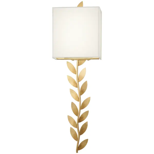 The Arbor Grove wall sconce combines luxurious gold leaf finish with soft white linen shading, delivering 1,356 lumens of warm, dimmable LED light. Its 24-inch vertical profile makes a sophisticated statement in bedrooms and hallways.