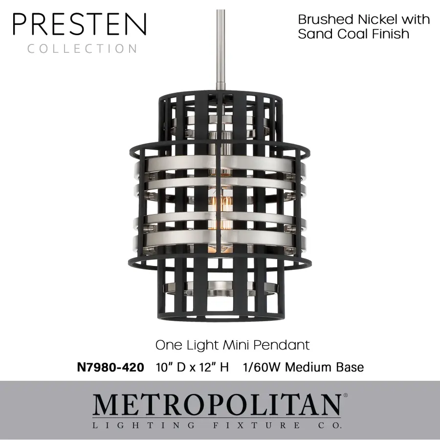 Presten 1-Light Mini Pendant in Brushed Nickel with Sand Coal - Image 2
