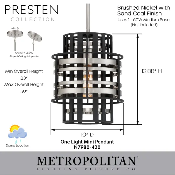 Presten 1-Light Mini Pendant in Brushed Nickel with Sand Coal - Image 5