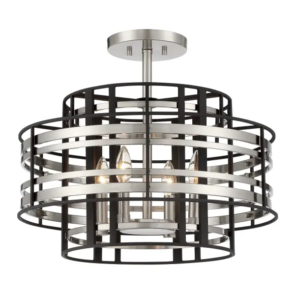 The Presten 4-light semi-flush mount combines brushed nickel finish with distinctive sand coal glass shades, creating sophisticated ambient lighting. Its compact 20-inch width and dimmable capability make it versatile for various spaces.