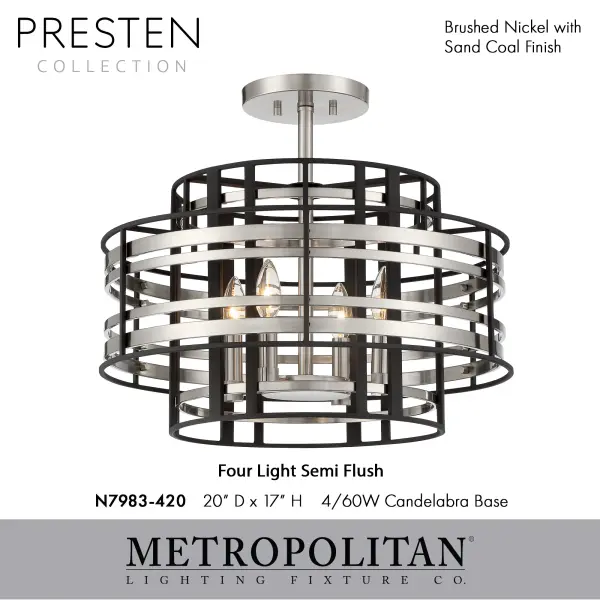 The Presten 4-light semi-flush mount combines brushed nickel finish with distinctive sand coal glass shades, creating sophisticated ambient lighting. Its compact 20-inch width and dimmable capability make it versatile for various spaces. - alternate view