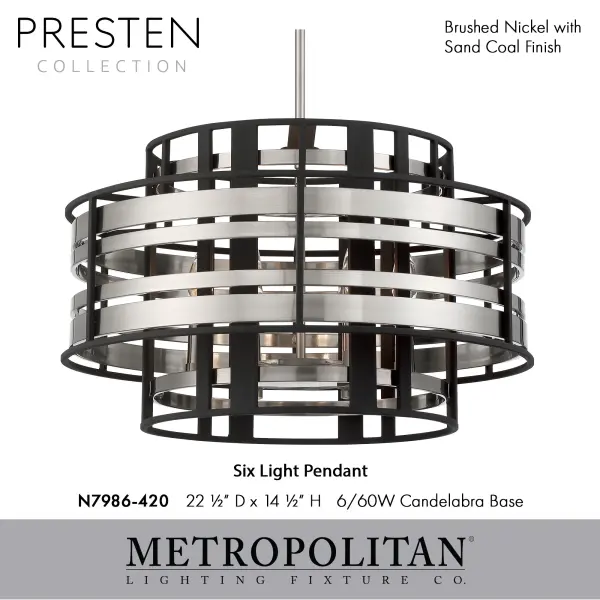 Presten 6-Light Pendant in Brushed Nickel with Sand Coal - Image 2