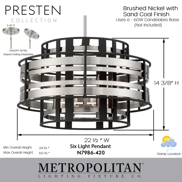 Presten 6-Light Pendant in Brushed Nickel with Sand Coal - Image 5