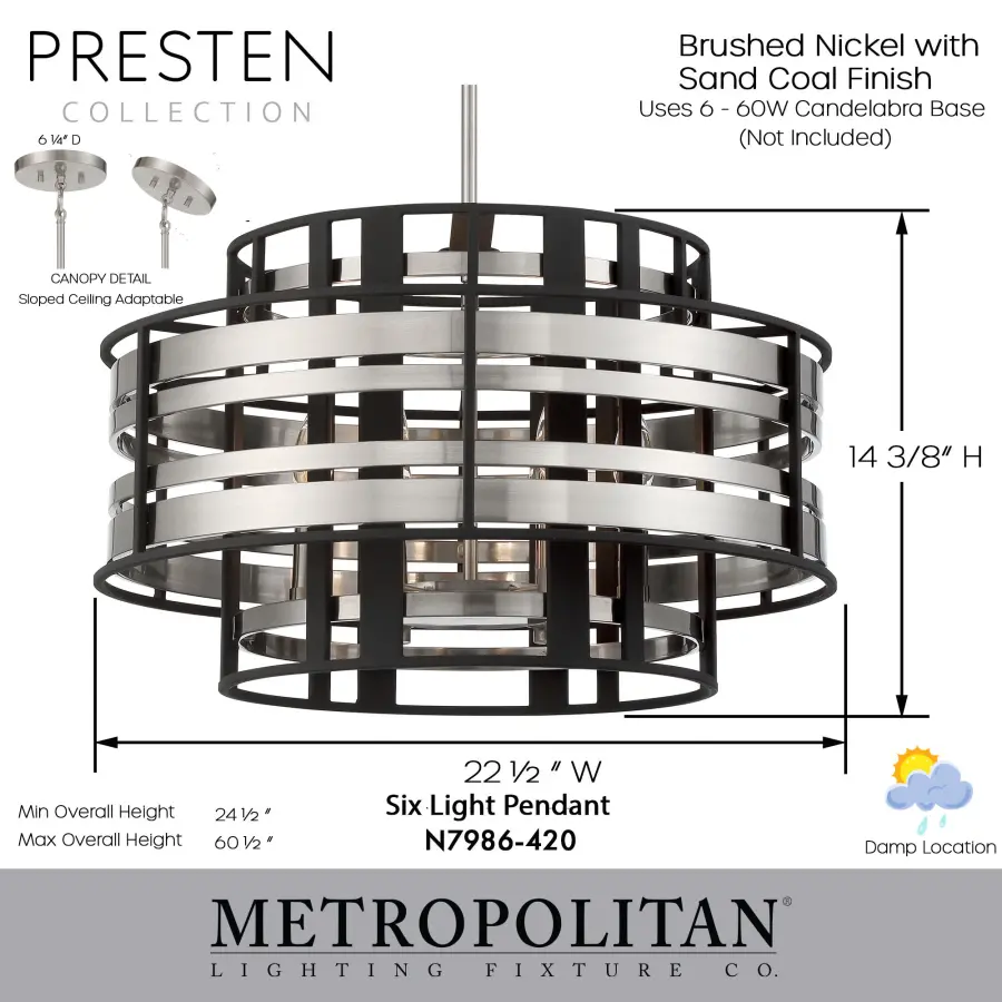 Presten 6-Light Pendant in Brushed Nickel with Sand Coal - Image 5