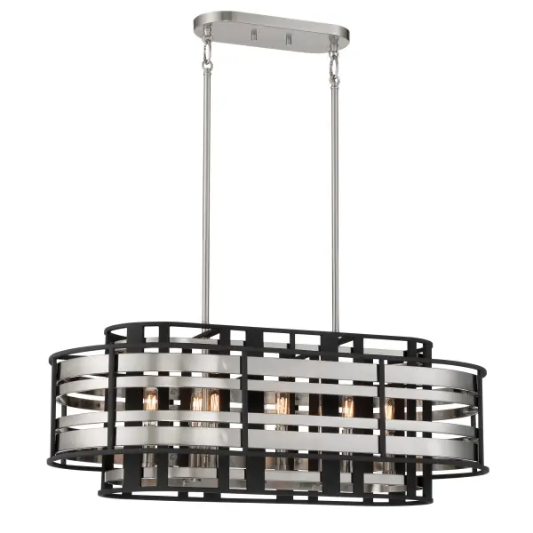 The Presten brings modern sophistication to kitchen islands with its linear design and brushed nickel finish. Eight candelabra lights provide ample illumination while sand coal glass shades add visual warmth.