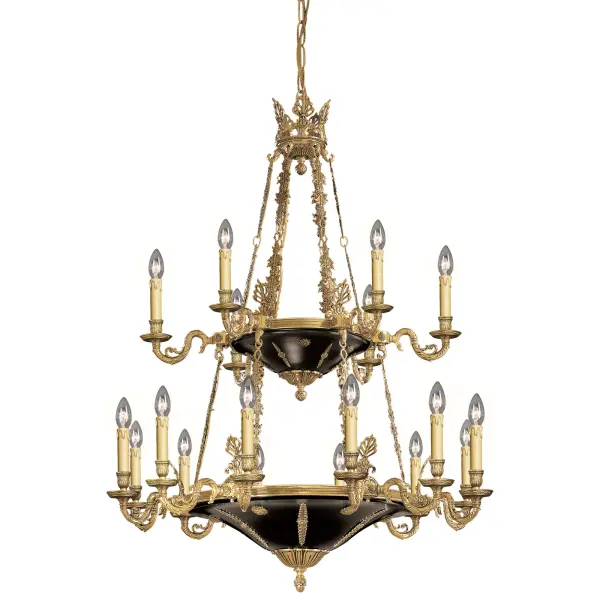 This magnificent 18-light chandelier showcases traditional European elegance with its Doré gold finish and black accents. Handcrafted in Spain using the lost wax casting technique, it delivers authentic Old World craftsmanship at an impressive 32-inch scale.