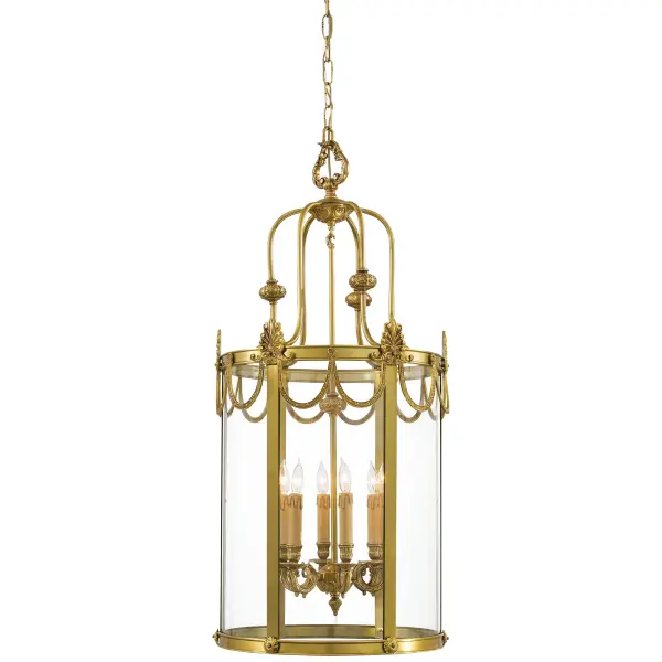 This handcrafted solid brass pendant from Spain brings Old World craftsmanship to your entryway. The Doré Gold finish and clear glass create a warm, welcoming glow perfect for grand foyers and formal spaces.