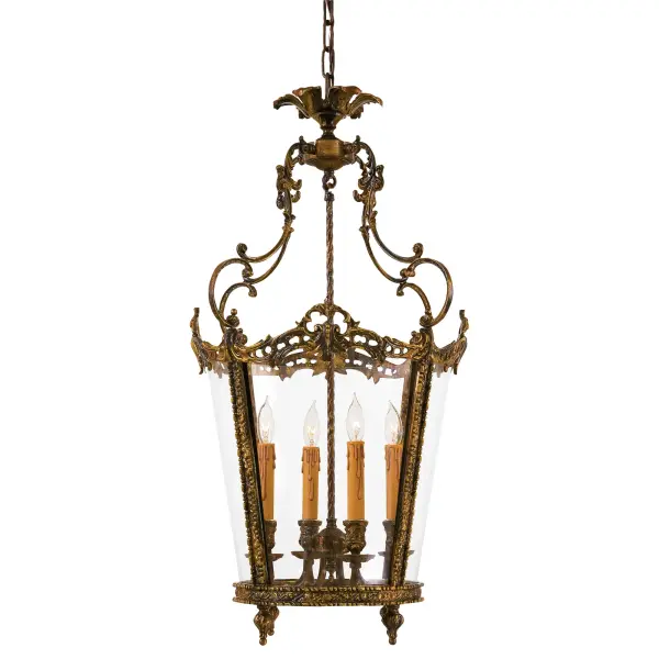 This exquisite 4-light foyer pendant showcases authentic Italian craftsmanship using the traditional lost wax casting technique. The oxide brass finish and delicate leaf accents create organic elegance, while clear glass shades provide brilliant illumination for grand entryways.