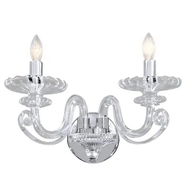 This Metropolitan Family Collection wall sconce combines polished chrome with clear glass for a clean, versatile look. The dual-bulb design provides ample illumination while the compact 12.75" width fits comfortably in bathrooms and hallways.