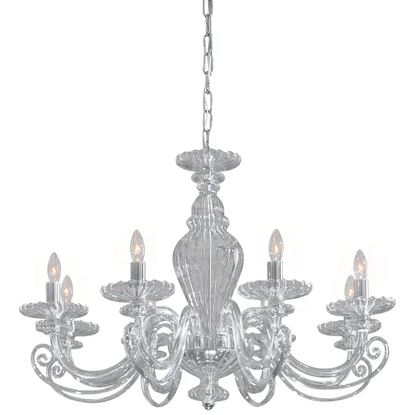 This Metropolitan Family Collection chandelier combines classic elegance with contemporary chrome finish. Eight candelabra lights provide ample illumination through clear glass shades, perfect for dining rooms and entryways.