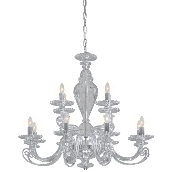 This Metropolitan Family chandelier combines classic elegance with contemporary chrome finish. Featuring 12 candelabra lights and clear glass elements, it delivers substantial illumination while maintaining refined sophistication.