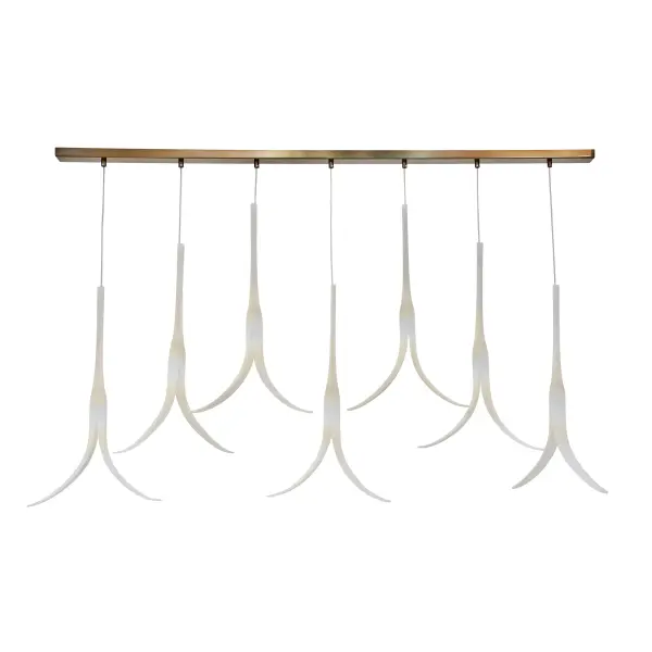 The Featherly brings contemporary sophistication to kitchen islands and dining spaces with its sleek 53-inch linear profile. Seven G9 bulbs behind white frosted glass create even, glare-free illumination while the gold finish adds warmth.