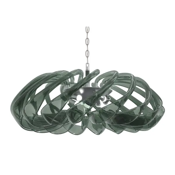 The Donatella pendant combines contemporary elegance with dramatic scale, featuring eight smoke green glass shades suspended from a polished nickel frame. Its substantial 37-inch width makes it perfect for large dining spaces and open-concept areas.