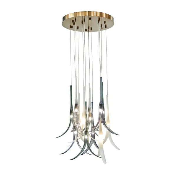 The Featherly pendant combines 13 artisan glass shades in clear, smoke, blue, and frosted finishes with a luxurious gold frame. This eye-catching fixture delivers abundant light while serving as a sculptural focal point.