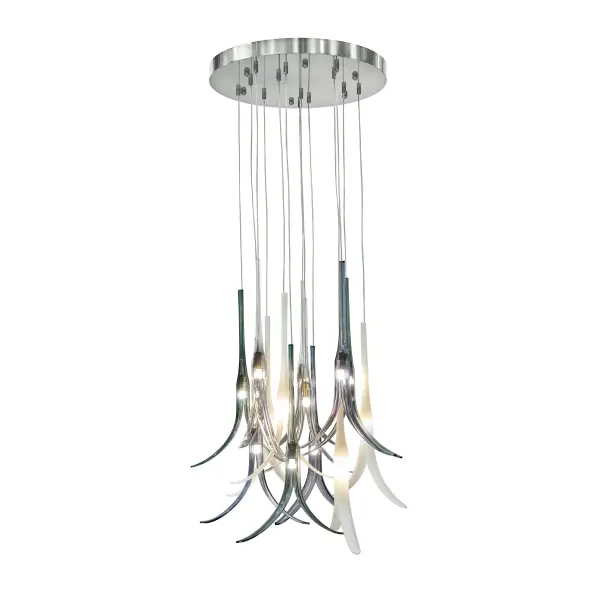 The Featherly pendant makes a bold artistic statement with 13 individual glass shades in clear/blue smoke and green/white frosted finishes. The brushed nickel frame provides contemporary elegance while the varied glass creates visual interest and layered illumination.