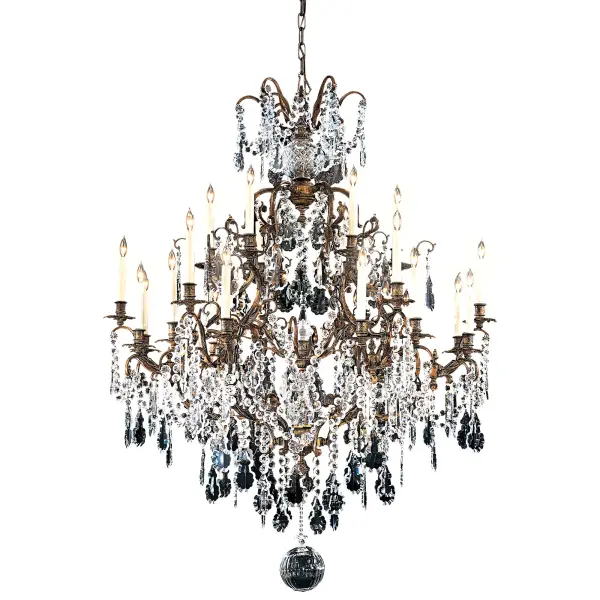 This magnificent 24-light chandelier showcases authentic Italian craftsmanship using lost wax casting technique. Featuring 30% lead Bohemian crystals and oxidized brass finish, it creates dramatic elegance in grand spaces.