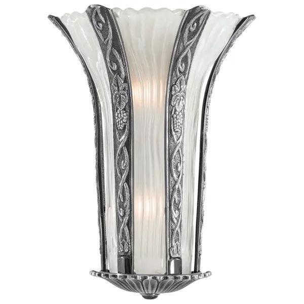 This exquisite 2-light wall sconce combines Art Nouveau inspiration with transitional styling, featuring handcrafted white Murano glass and a sophisticated platinum finish. Made in Spain with artisan craftsmanship.