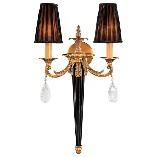 This stunning 2-light wall sconce combines Art Deco glamour with European craftsmanship. Featuring French Gold finish, genuine rock crystal accents, and sophisticated black fabric shades, it delivers timeless elegance.