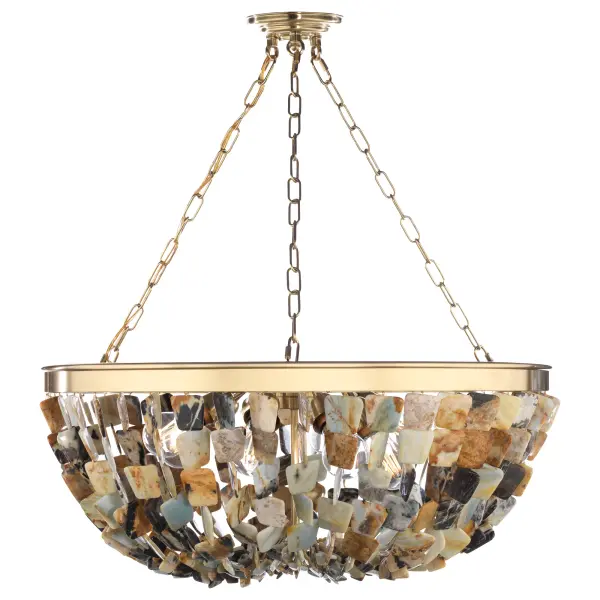 The Flotsam 8-Light Pendant combines organic beauty with contemporary design, featuring multi-color river agate stones set in a warm brass finish. This substantial fixture creates a dramatic focal point perfect for dining rooms and grand entryways.